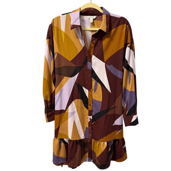 Nine West Abstract Print Button-Down Dress With Ruffle Hem 3/4 Sleeves Sz M dres - Picture 7 of 12